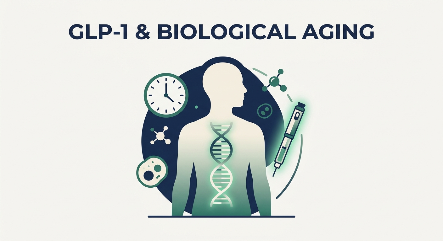 Illustration of a human silhouette with a glowing DNA double helix, surrounded by a clock, molecule, and cell icons, and a GLP-1 injector pen, representing the connection between GLP-1 medications and biological aging.
