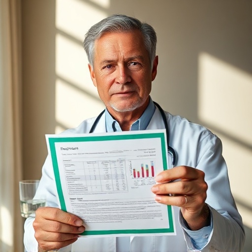 Calm patient holding clinical lab report with water glass, clear and routine metabolic optimization
