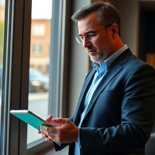 Professional man in blazer reviewing lab results on tablet at window, thoughtful confidence, clinical precision